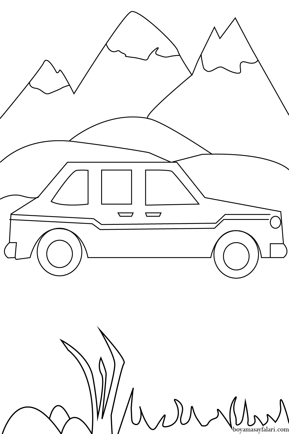 Araba ve Dağlar Boyama Sayfası Yazdır