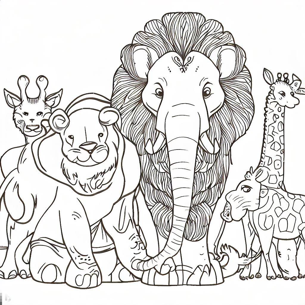 Geyik, Aslan, Fil, Zürafa Karışık Hayvanlar Boyama Sayfası