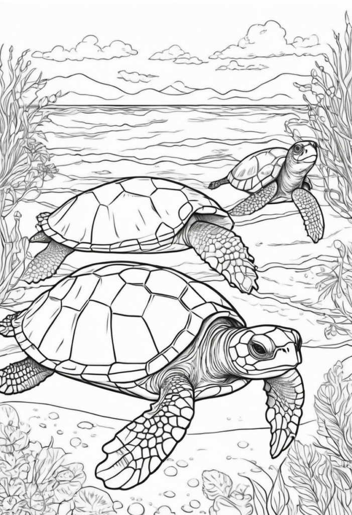 birden fazla kaplumbağa sahilde geziyor boyama sayfası