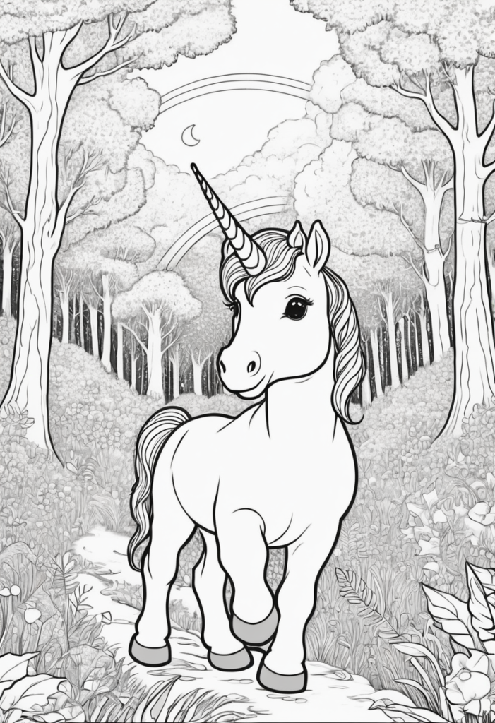 ağaçların arasında yürüyen unicorn boyama sayfası