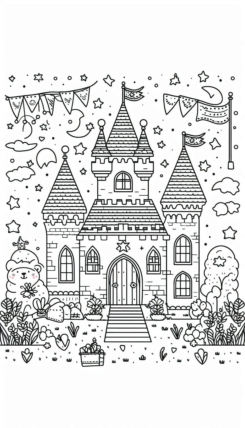 white cute “castle” coloring page activity that can be used in preschool coloring days. Let the back